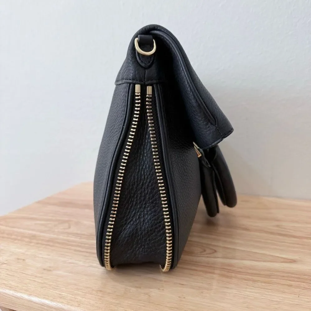Tory Burch Fleming Two Way Pebbled Black Leather Shoulder Bag Purse Gold Hardwar